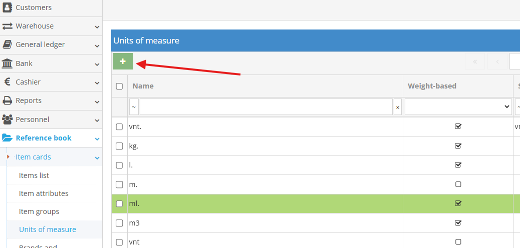 New unit of measure creation window
